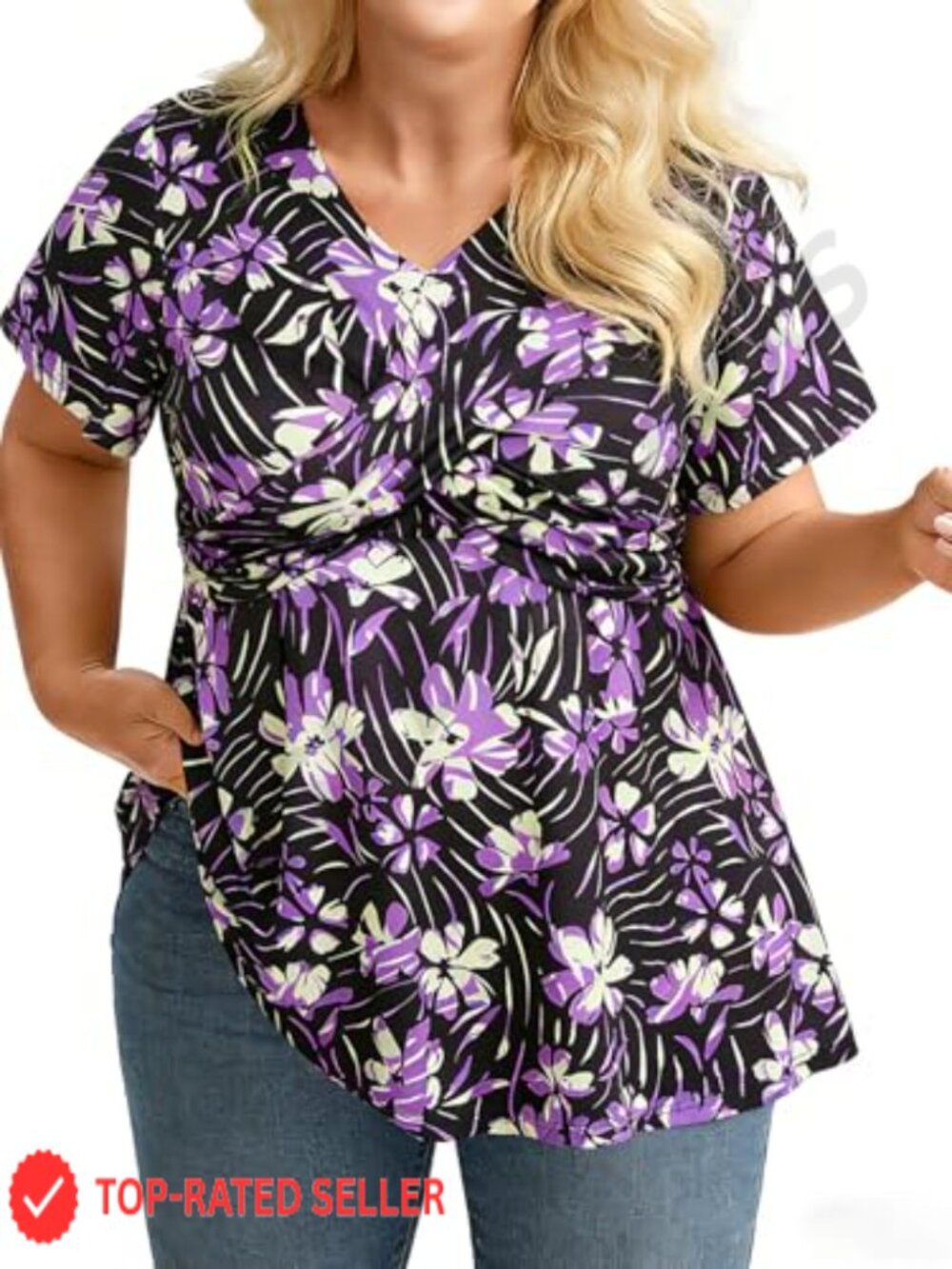 Women's Plus Size Floral Print V-Neck Short Sleeve Blouse Casual Top